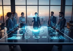 Liiketoimintahenkilöt seisovat pöydän ympärillä digitaalisen käyttöliittymän äärellä